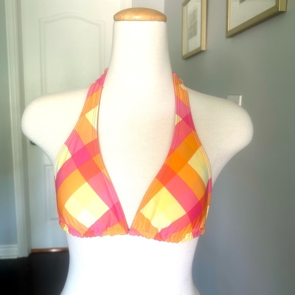 Orange Pink Plaid Halter Bikini Top - M